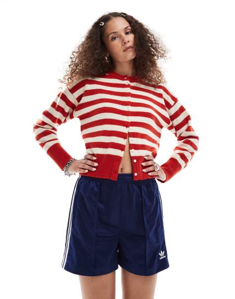 Daisy Street fitted waist cardigan in red white stripe - view 1