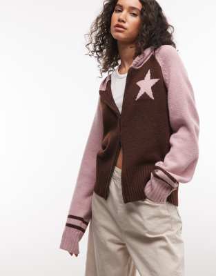 Daisy Street Fitted Zip-down Cardigan With Star Graphic In Multi