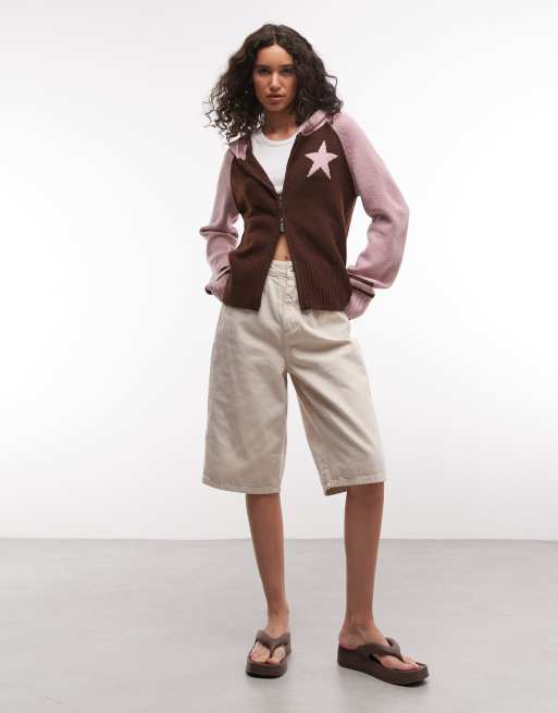 Daisy Street fitted zip down cardigan with star graphic in brown and pink, 2 of 4