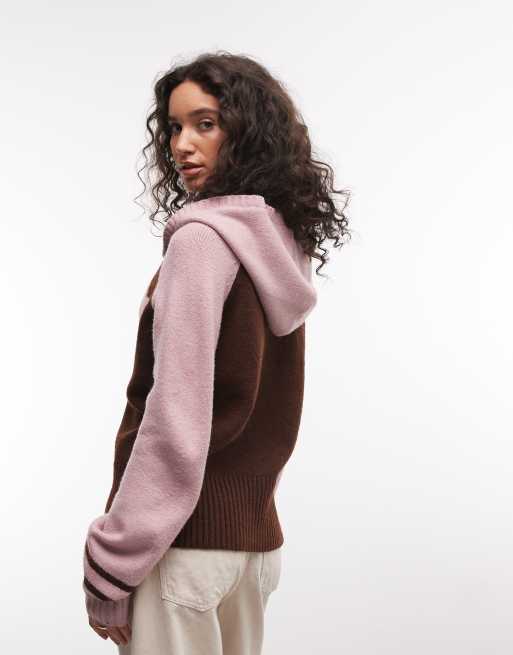 Daisy Street fitted zip down cardigan with star graphic in brown and pink, 3 of 4