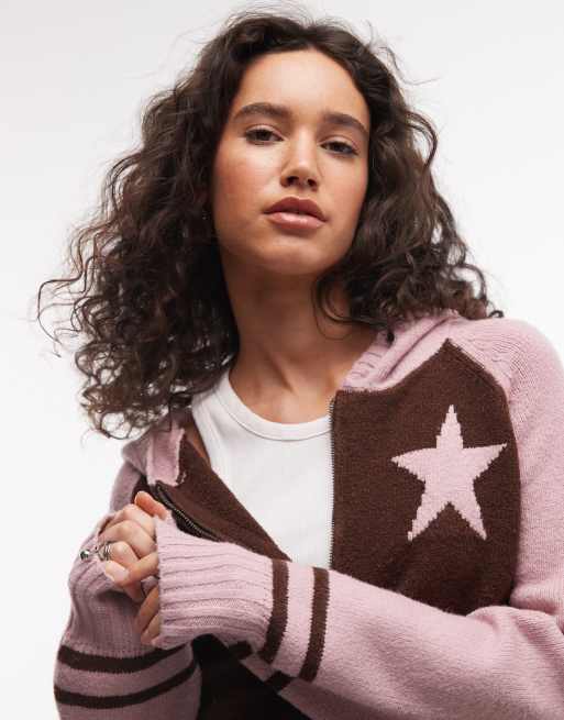 Daisy Street fitted zip down cardigan with star graphic in brown and pink, 4 of 4
