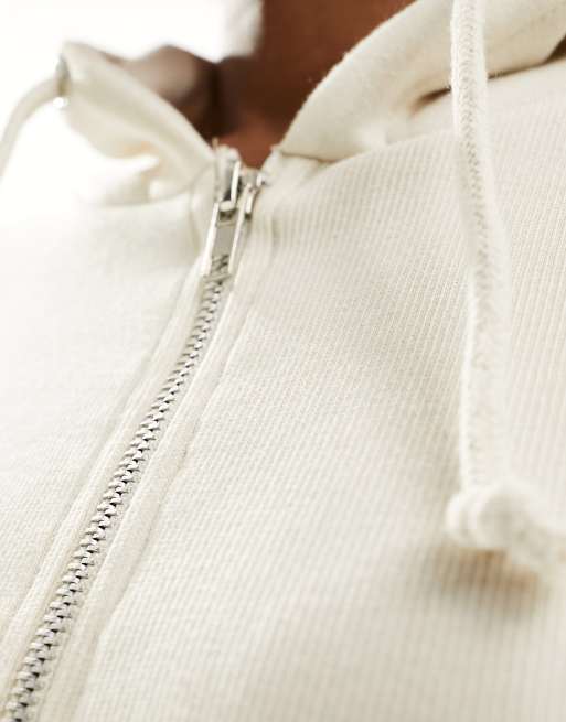 Daisy Street fitted zip through rib hoodie in stone, 2 of 4