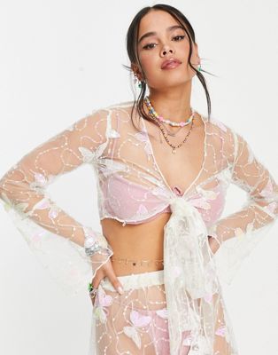 Daisy Street flare sleeve wrap crop top in butterfly mesh sequin co-ord
