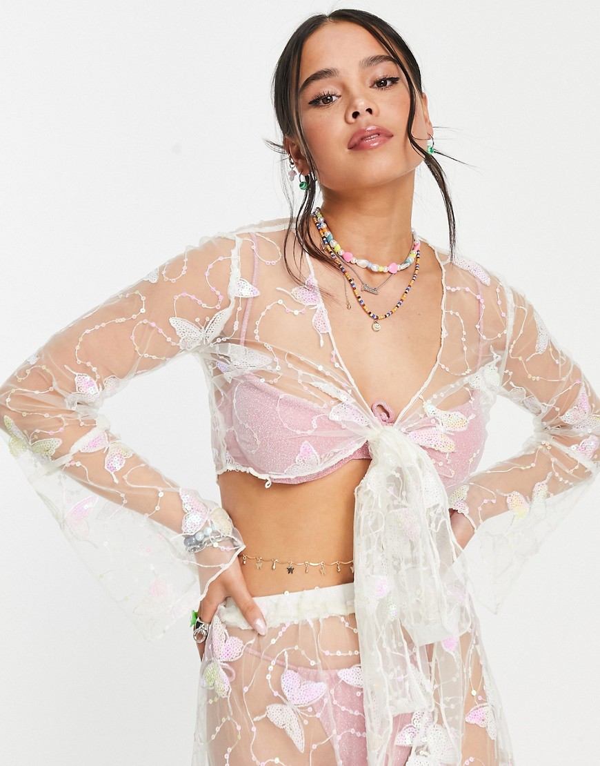 Daisy Street Flare Sleeve Wrap Crop Top In Butterfly Mesh Sequin Co-Ord-Multi