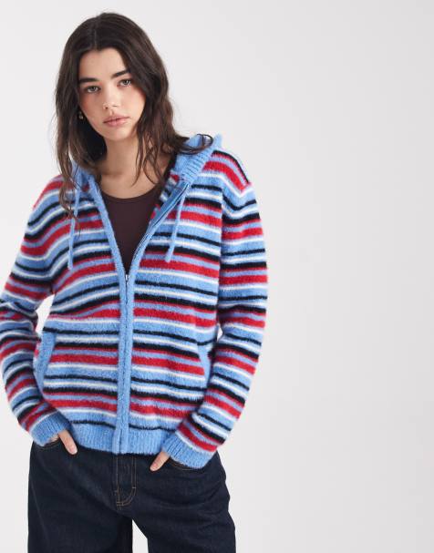 Daisy Street – Flauschiger Strickpullover in Blau und Rot gestreift mit durchgehendem Reißverschluss und Kapuze - view 1