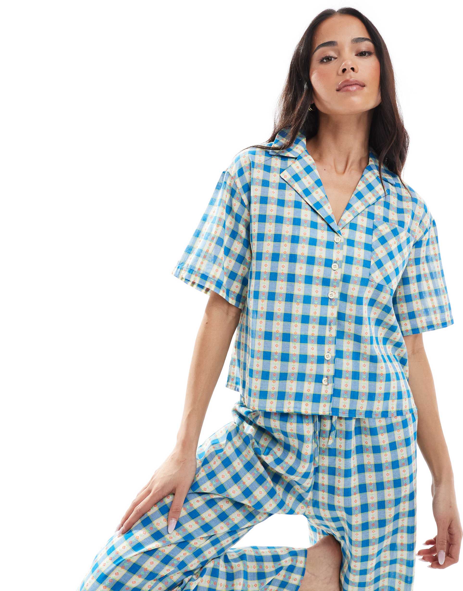 daisy street floral check pajama shirt