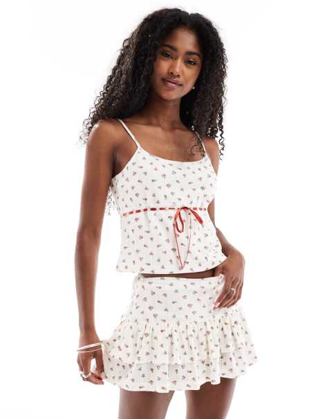 Daisy Street floral pointelle cami top with thread through lace detail in red cream ditsy floral co-ord - view 1