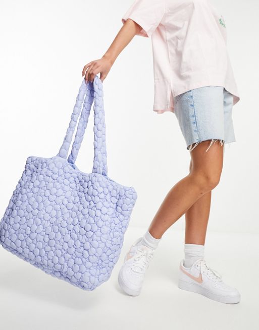 Daisy Street floral stitch padded tote bag in blue