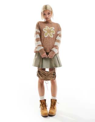 flower motif knit sweater-Brown