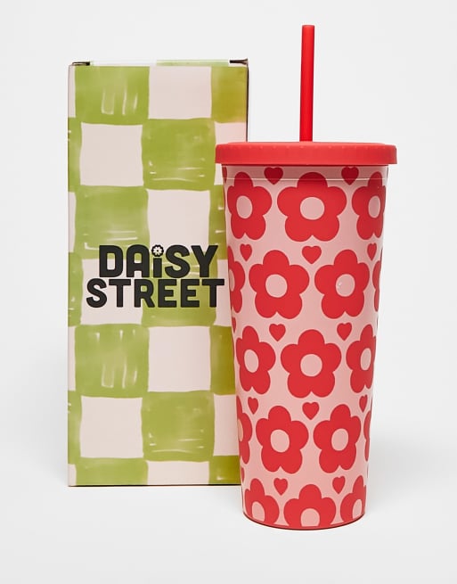 Daisy Street flower print reusable drinking cup and straw in red