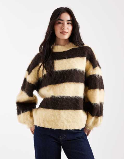 Daisy Street fluffy balloon sleeve jumper in brown and butter yellow stripe - view 1