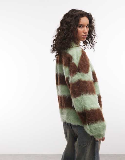 Daisy Street fluffy balloon sleeve jumper in mint and brown stripe, 2 of 4