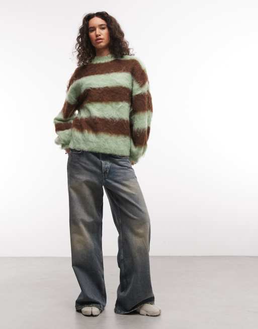Daisy Street fluffy balloon sleeve jumper in mint and brown stripe, 3 of 4