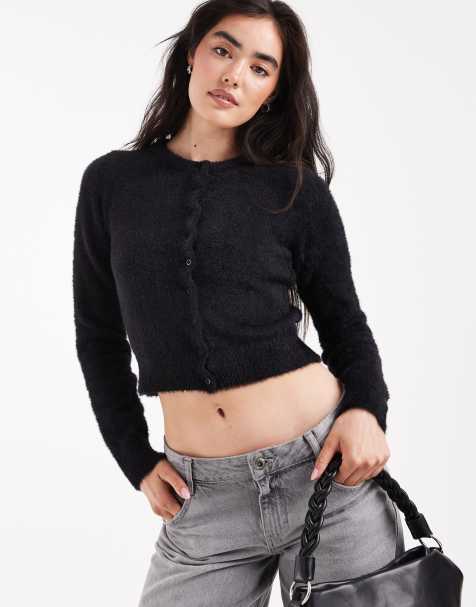 Daisy Street fluffy knit micro cardigan in black - view 1