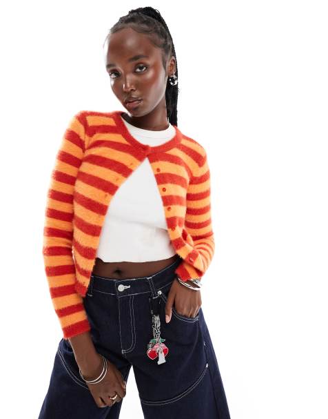 Daisy Street fluffy knit micro cardigan in brick orange stripe - view 1