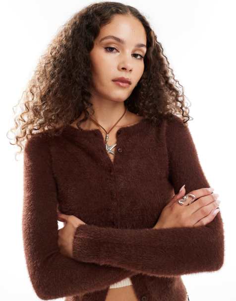 Daisy Street fluffy knit micro cardigan in chocolate - view 1