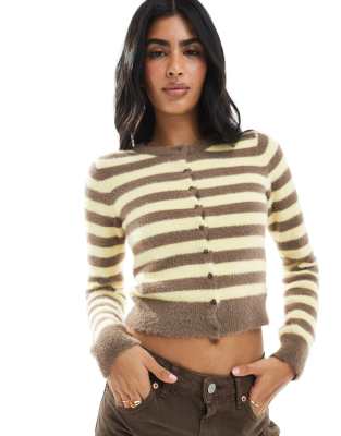 Daisy Street fluffy knit micro cardigan in yellow brown stripe - view 1