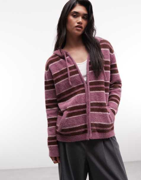 Daisy Street fluffy zip cardigan with hood in multi stripe - view 1