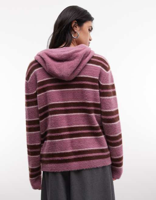 Daisy Street fluffy zip cardigan with hood in multi stripe, 3 of 4