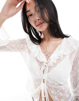 frill front vintage lace blouse in ivory-White