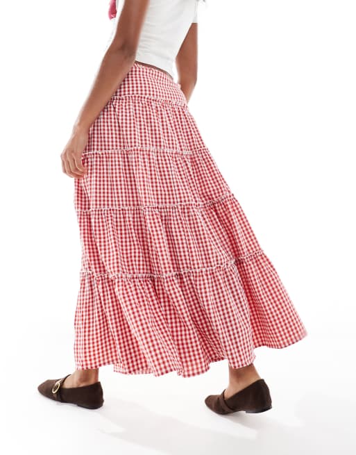 Daisy Street frill seam maxi skirt in red gingham, 4 of 5