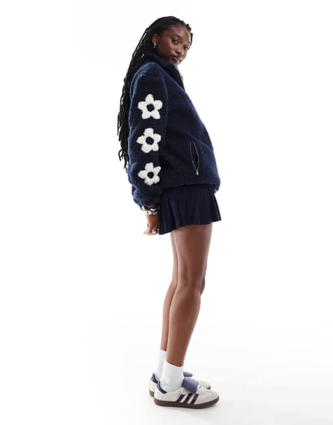Daisy Street funnel neck boxy borg jacket in navy floral - view 1