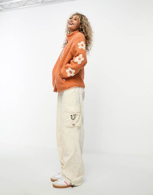 Daisy Street funnel neck boxy borg jacket in orange floral, 2 of 4