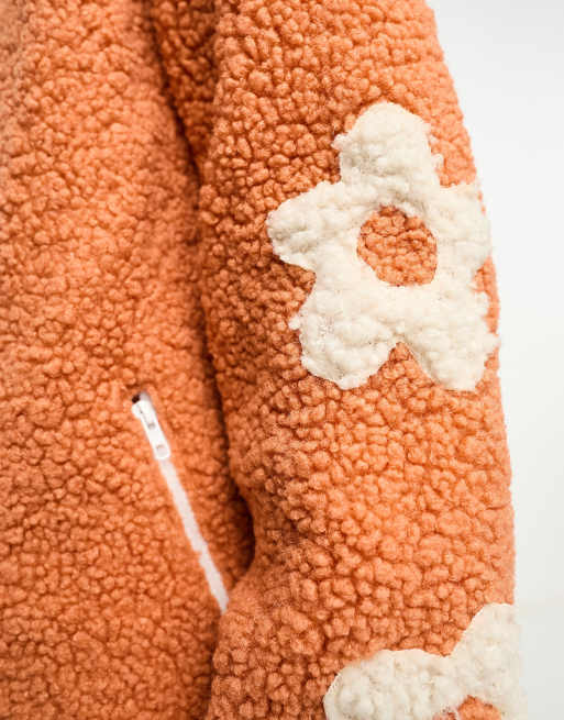 Daisy Street funnel neck boxy borg jacket in orange floral, 3 of 4