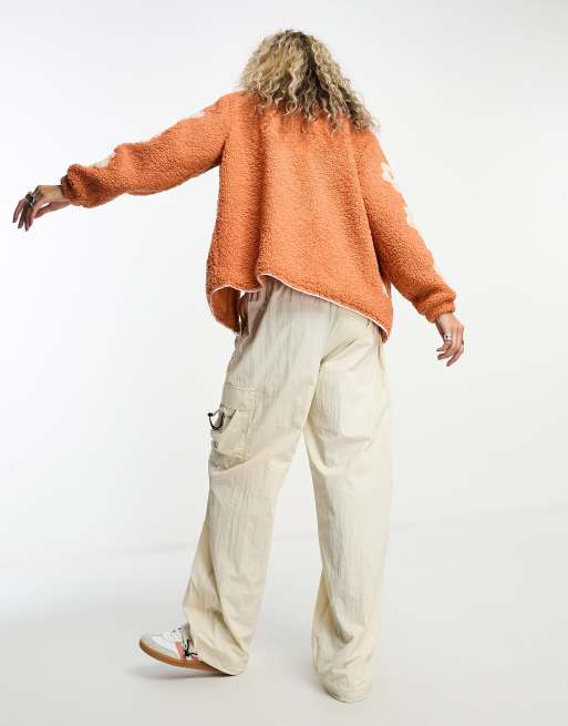 Daisy Street funnel neck boxy borg jacket in orange floral, 4 of 4
