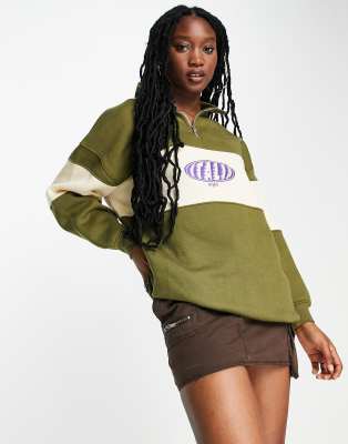 Daisy Street Funnel Neck Half Zip Sweat In Khaki-green