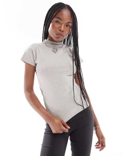 Daisy Street funnel neck short sleeve top with tie waist in grey