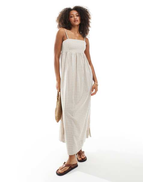 Daisy Street - Gemakkelijke maxi jurk met gestrikte achterkant in beigeroze gingham ruit - view 1