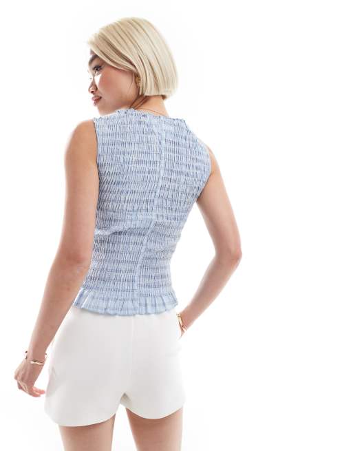Daisy Street – Gerafftes Top in Blau kariert, 3 von 4