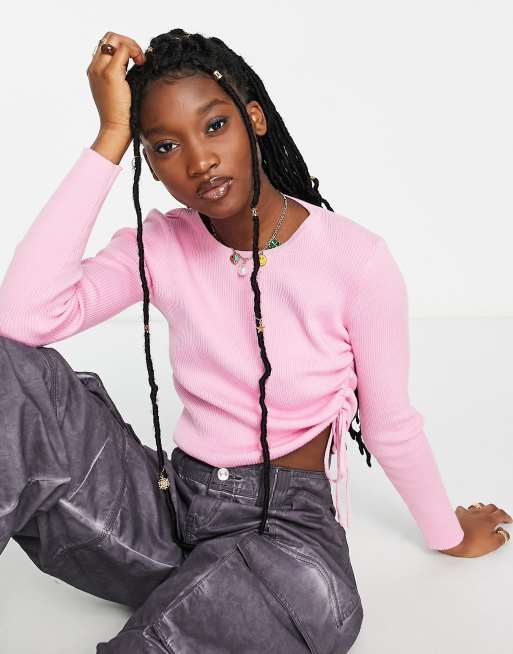 Daisy Street - Geribbelde gebreide crop top met trekkoord aan de zijkant in roze