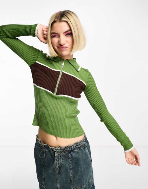 Daisy Street - Geribbelde gebreide trui met kraagje in 90-stijl in groen