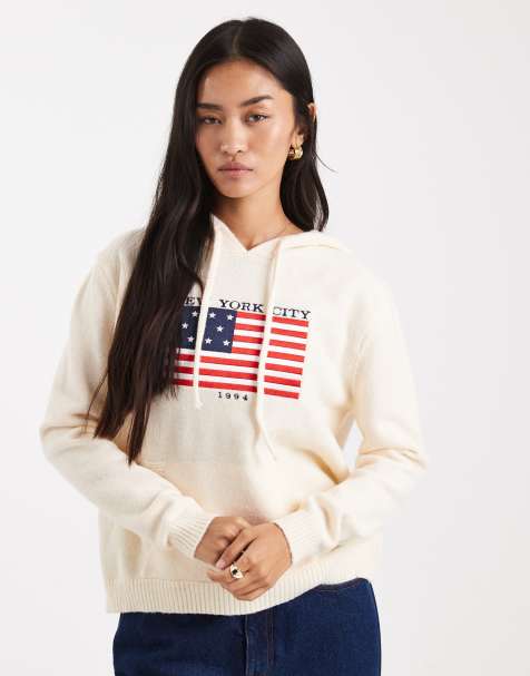 Daisy Street - Geribbelde wijde hoodie met vlagapplicatie en borduursel in crème - view 1