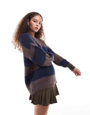 Daisy Street - Gerippter Strickpullover mit V-Ausschnitt und Streifenmuster-Bunt