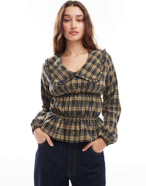 Daisy Street - Geruite blouse met lange mouwen en kraag met ruches in bruin en marineblauw - view 1