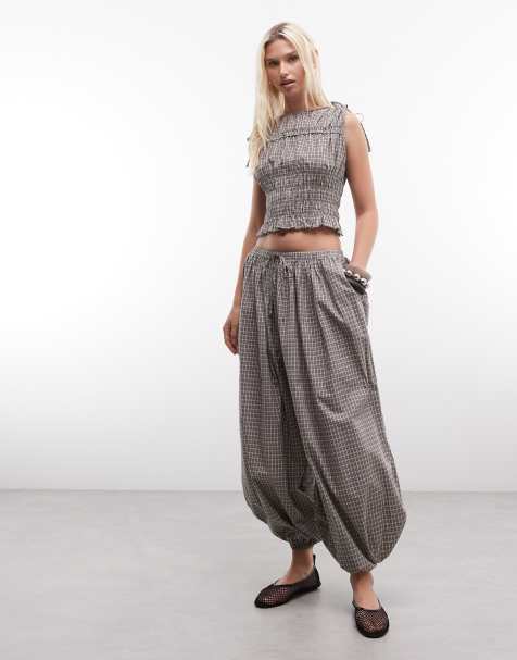 Daisy Street - Geruite broek met ballonpasvorm in bruin, deel van co-ord set - view 1