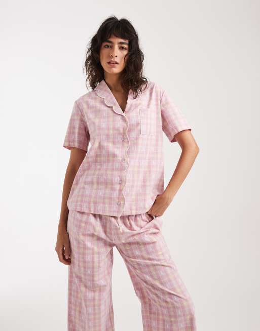 Daisy Street - Geruite pyjamaset met korte mouwen in roze, 4 van 4