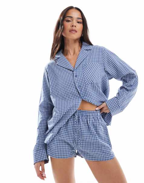 Daisy Street - Geruite pyjamashort in boxer-stijl in blauw - view 1