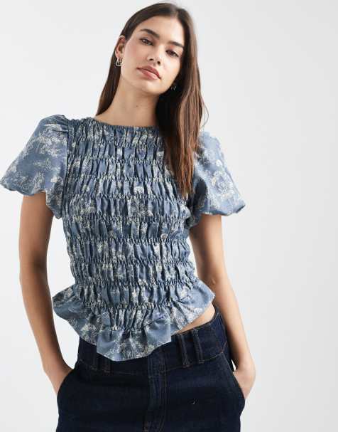 Daisy Street - Gesmokte denim top met pofmouwen in bloemenprint - view 1