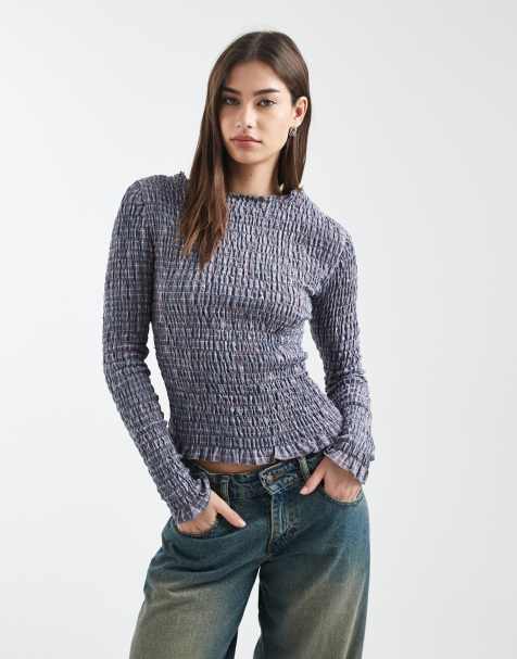 Daisy Street - Gesmokte geruite top met lange mouwen in blauw en rood - view 1