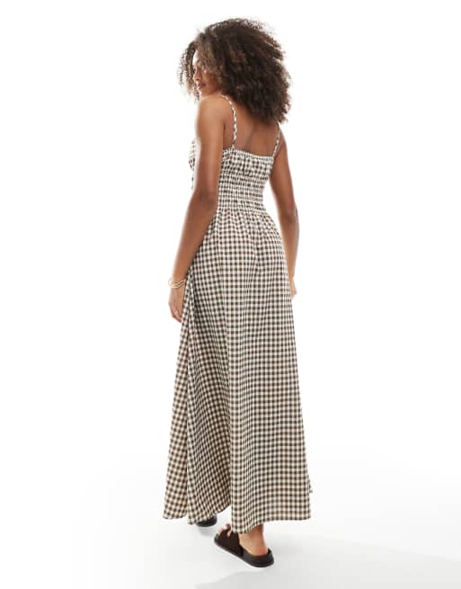 Daisy Street - Gesmokte maxi jurk met contrast in bruine gingham ruit, 3 van 4