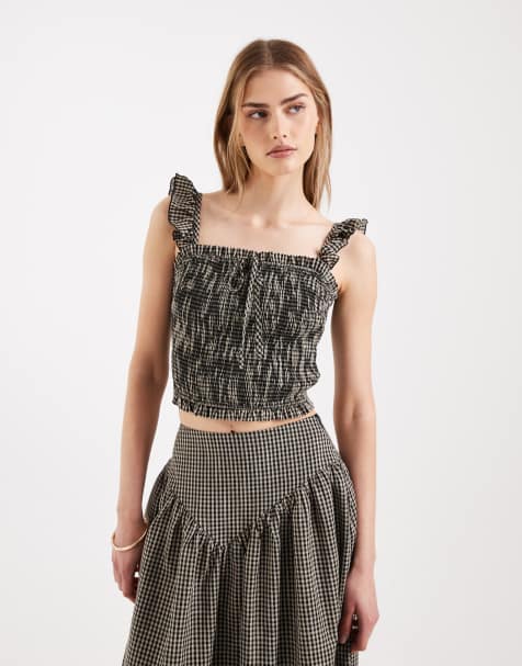 Daisy Street – Gesmoktes Camisole-Oberteil in Beige mit Rüschenträgern und schwarzem Vichy-Karo, Kombiteil - view 1