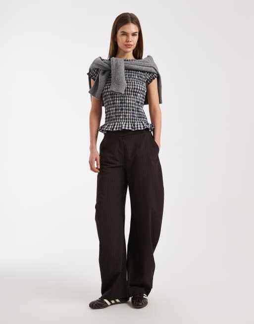 Daisy Street – Gesmoktes, kurzärmliges Oberteil mit Karomuster in Navy, 2 von 4