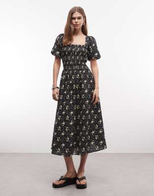 Gesmoktes Maxikleid in Schwarz mit Puffärmeln und Blümchenmuster Schwarz 34