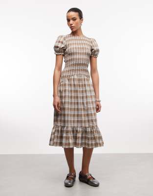 Gesmoktes Midikleid in Braun kariert mit Puffärmeln und tiefer Taille-Brown Brown 42