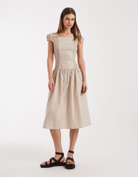 Daisy Street - Gestreepte midaxi jurk in korsetstijl met verlaagde taille in mauve - view 1