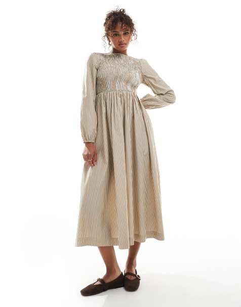 Daisy Street - Gestreepte midaxi jurk met lange mouwen en gesmokt lijfje in naturel - view 1